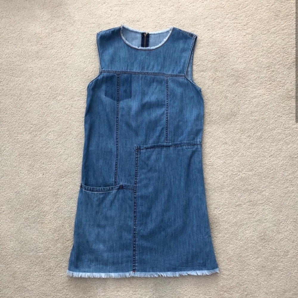 Denim Patchwork Shift Dress With Frayed Hem